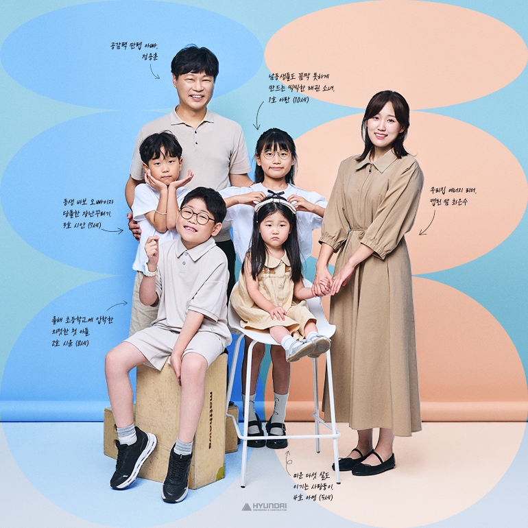 정용훈 책임 가족 소개 남동생들도 꼼짝 못하게 만드는 씩씩한 태권 소녀, 1호 아란(10세) 올해 초등학교에 입학한 의젓한 첫 아들, 2호 시윤(8세) 동생 바보 오빠이자 당돌한 장난꾸러기, 3호 시안(7세) 미운 다섯 살도 이기는 사랑둥이, 4호 아영(5세) 우리집 에너지 리더, 캡틴 맘 최은수 공간력 만렙 아빠, 정용훈